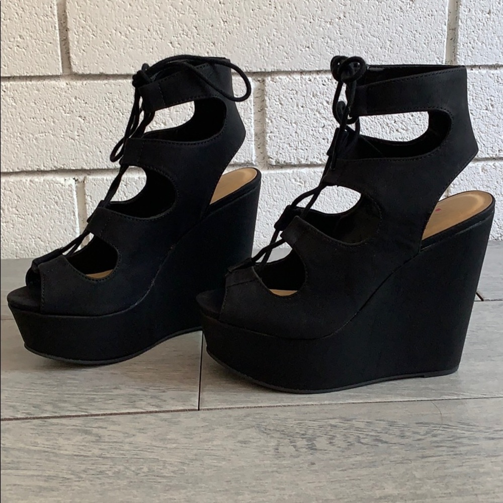 Black Faux Leather Open Toe Lace Up Platform Wedge - Picture 2 of 7